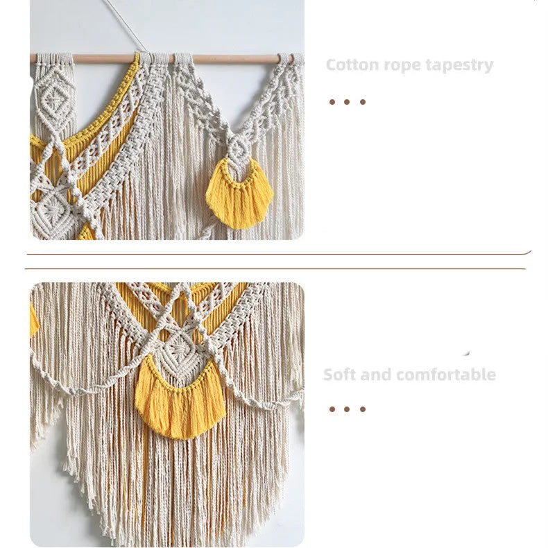 Nordic style hand-woven cotton tapestry with creamy-white background and yellow accents, 120x95cm