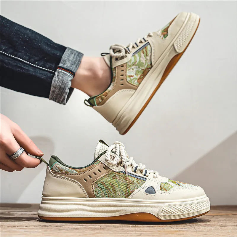 Beige and green canvas casual flat shoes with round toe on a white background.