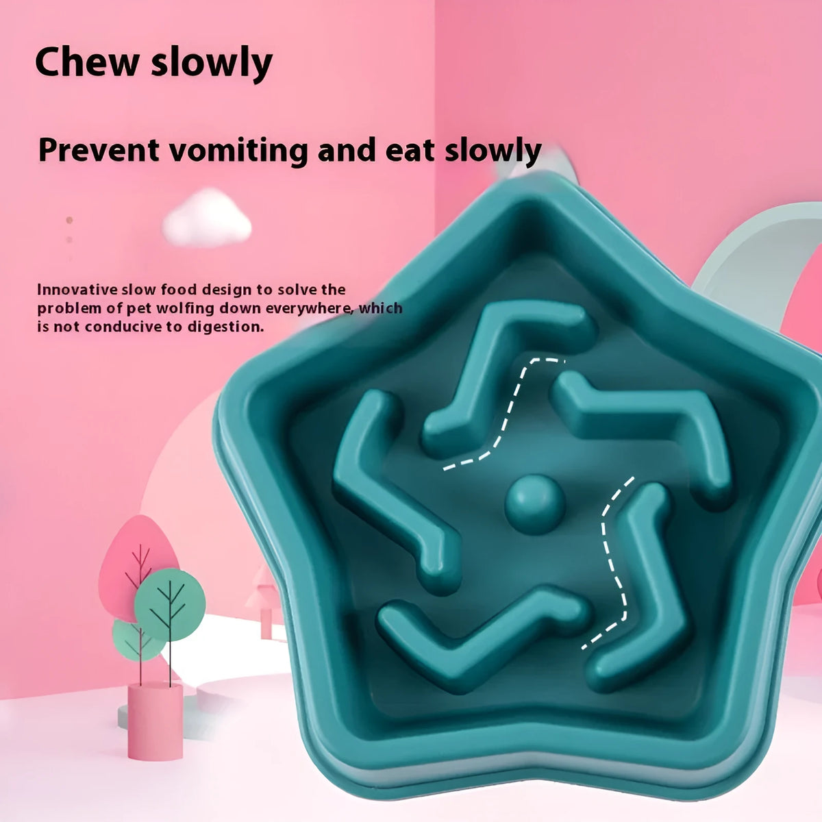 Yellow plastic slow feeding dog bowl with textured bottom measuring 20.1cm diameter
