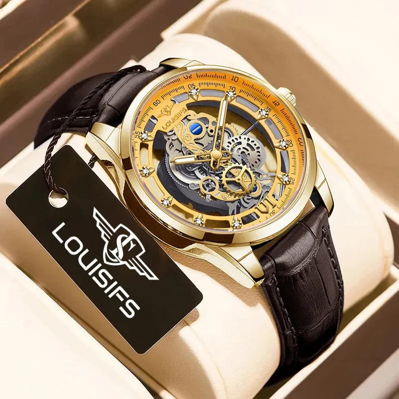 Men's Swiss quartz business watch with hollow design in black and gold or silver case options
