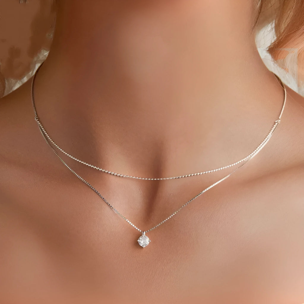 Women's S925 sterling silver double layer pearl chain necklace with shining pendant in silver colour