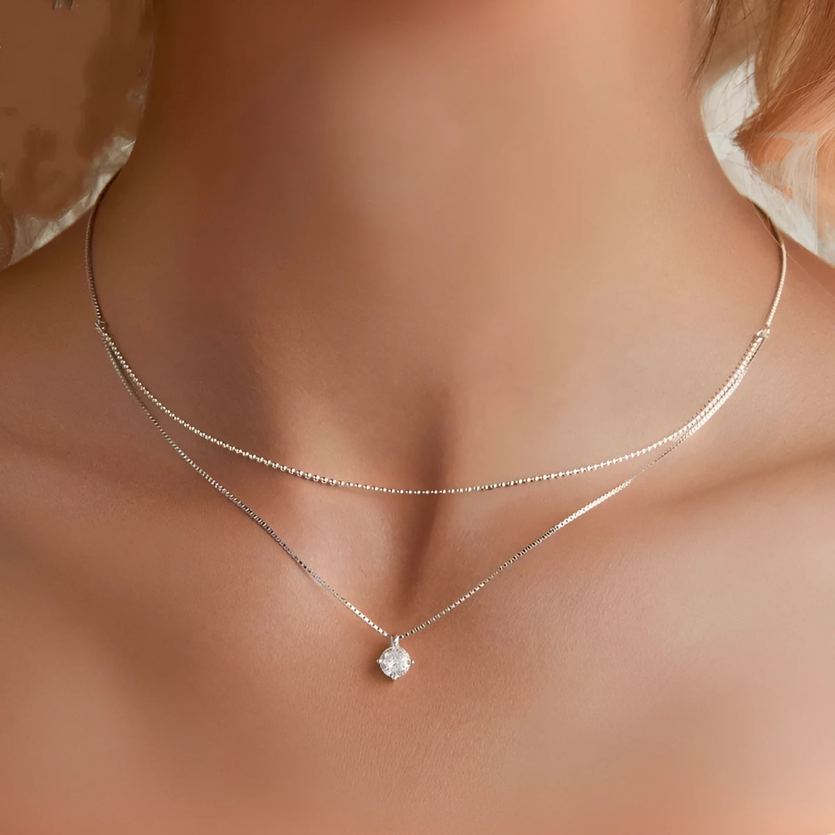 Women's S925 sterling silver double layer pearl chain necklace with shining pendant in silver colour