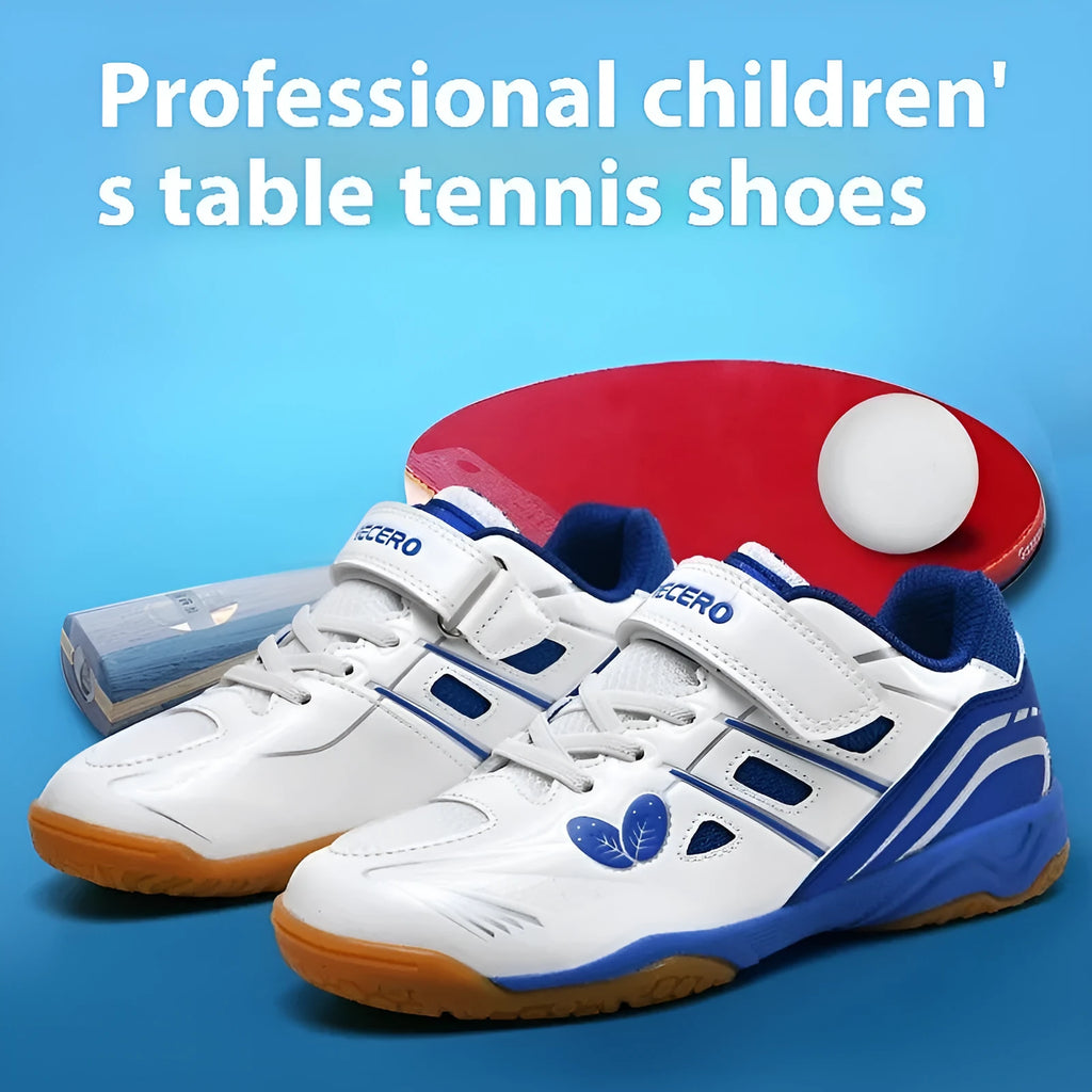White and blue badminton shoes with ribbed PVC soles and low-top wedge heel design