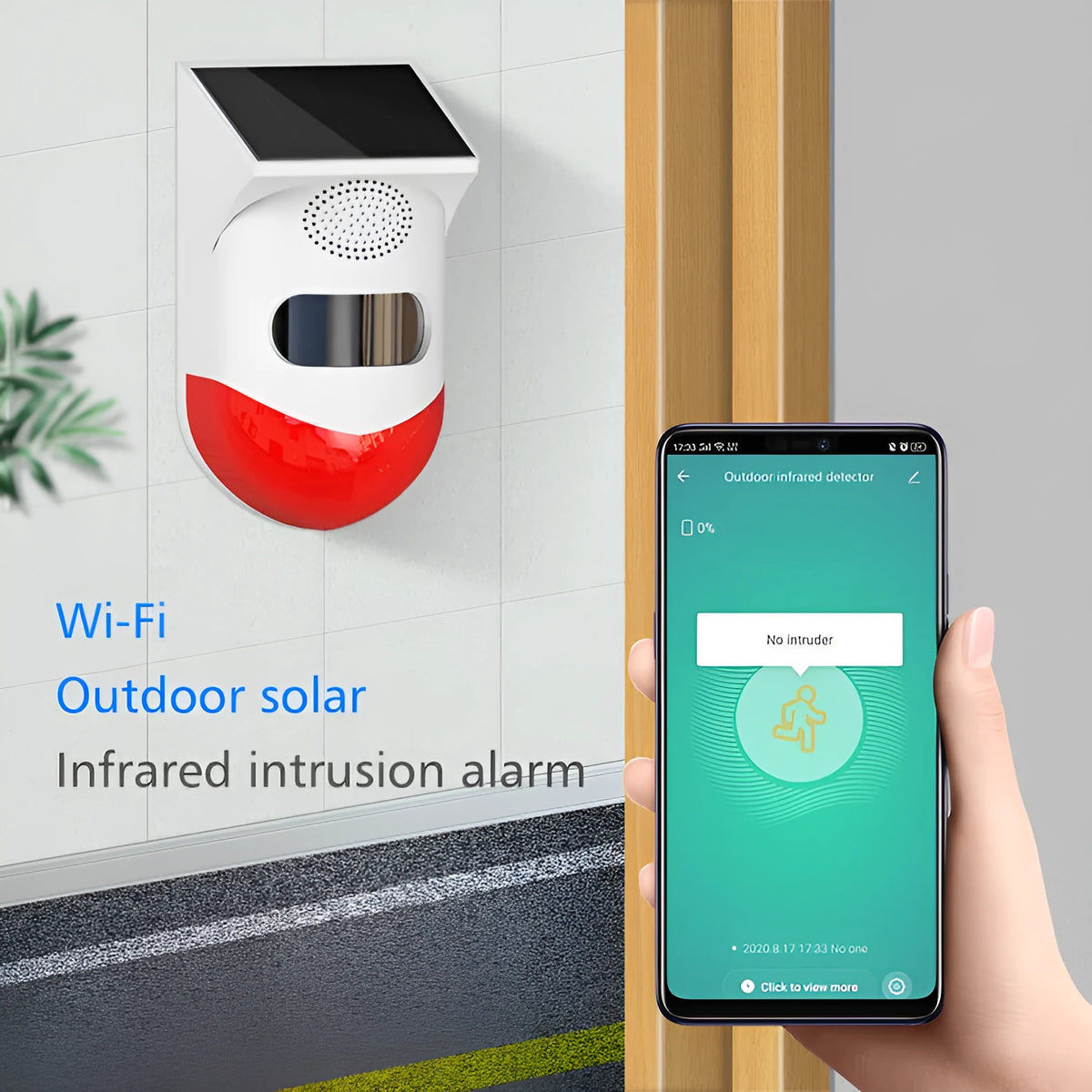 Solar alarm with infrared sensor and remote control for property security with 12-metre detection range