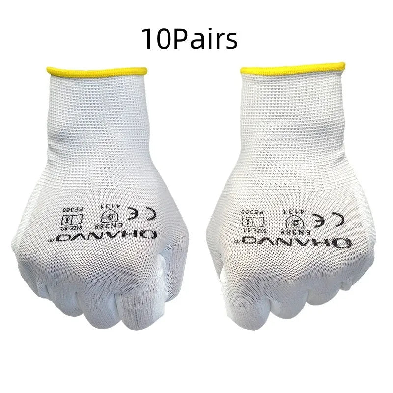 White PU coated labour gloves showing flexible construction and extended 24cm wrist coverage