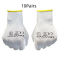 White PU coated labour gloves showing flexible construction and extended 24cm wrist coverage