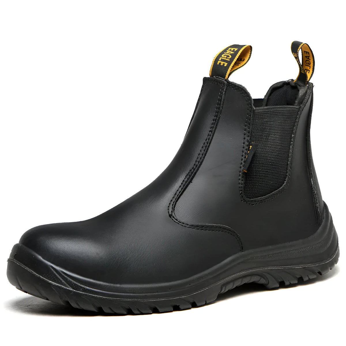 Black high-top leather safety work boots with anti-piercing sole protection on a plain background.