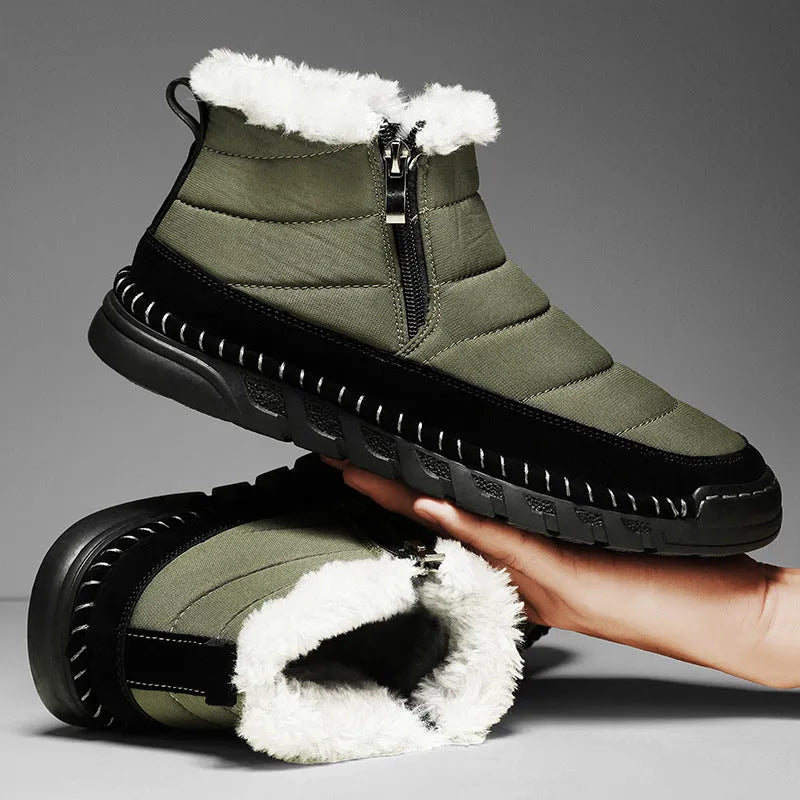 Men's plus size snow boot in a solid colour with a round toe, flat heel, and non-slip rubber sole.