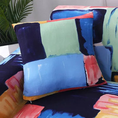 Geometric pattern stretch sofa slipcover on double seat sofa with matching cushion