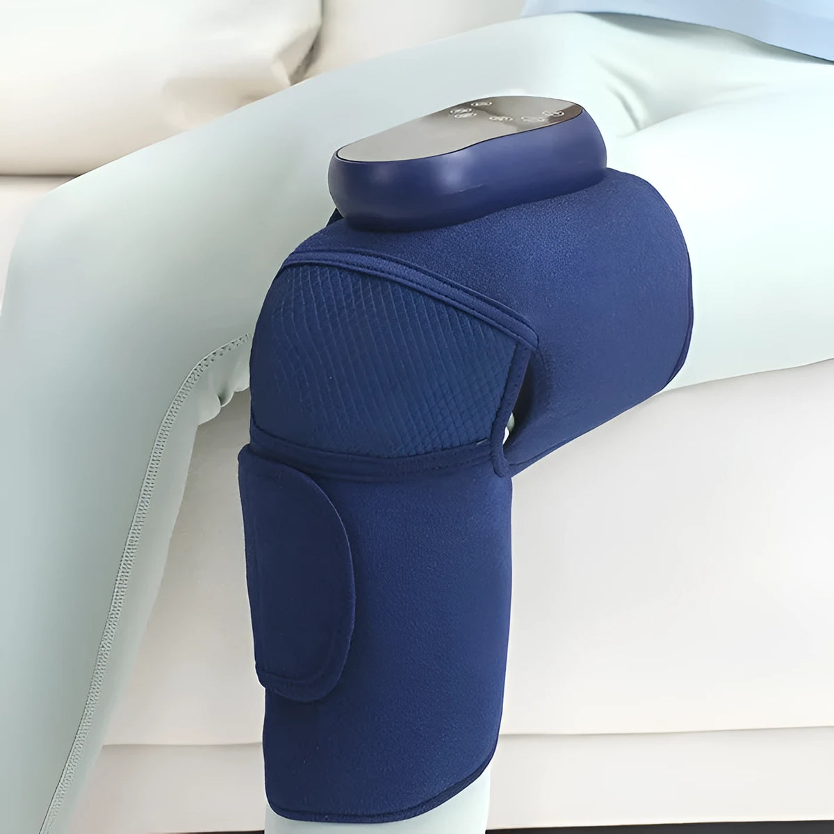 Blue self-heating knee massager with airbag compression, vibration and heating functions for joint therapy