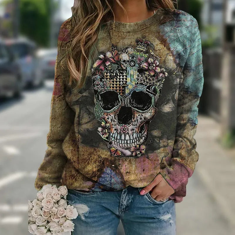 Black long sleeve sweatshirt featuring a large skull graphic print on the front.
