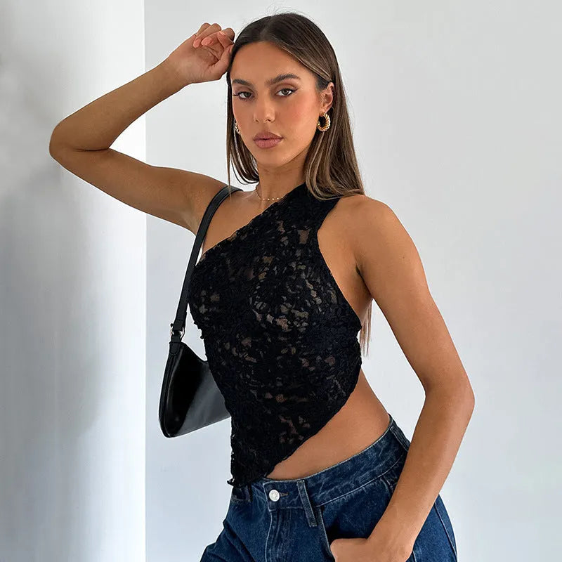 Womens lace backless sleeveless vest with asymmetrical neckline in solid colour
