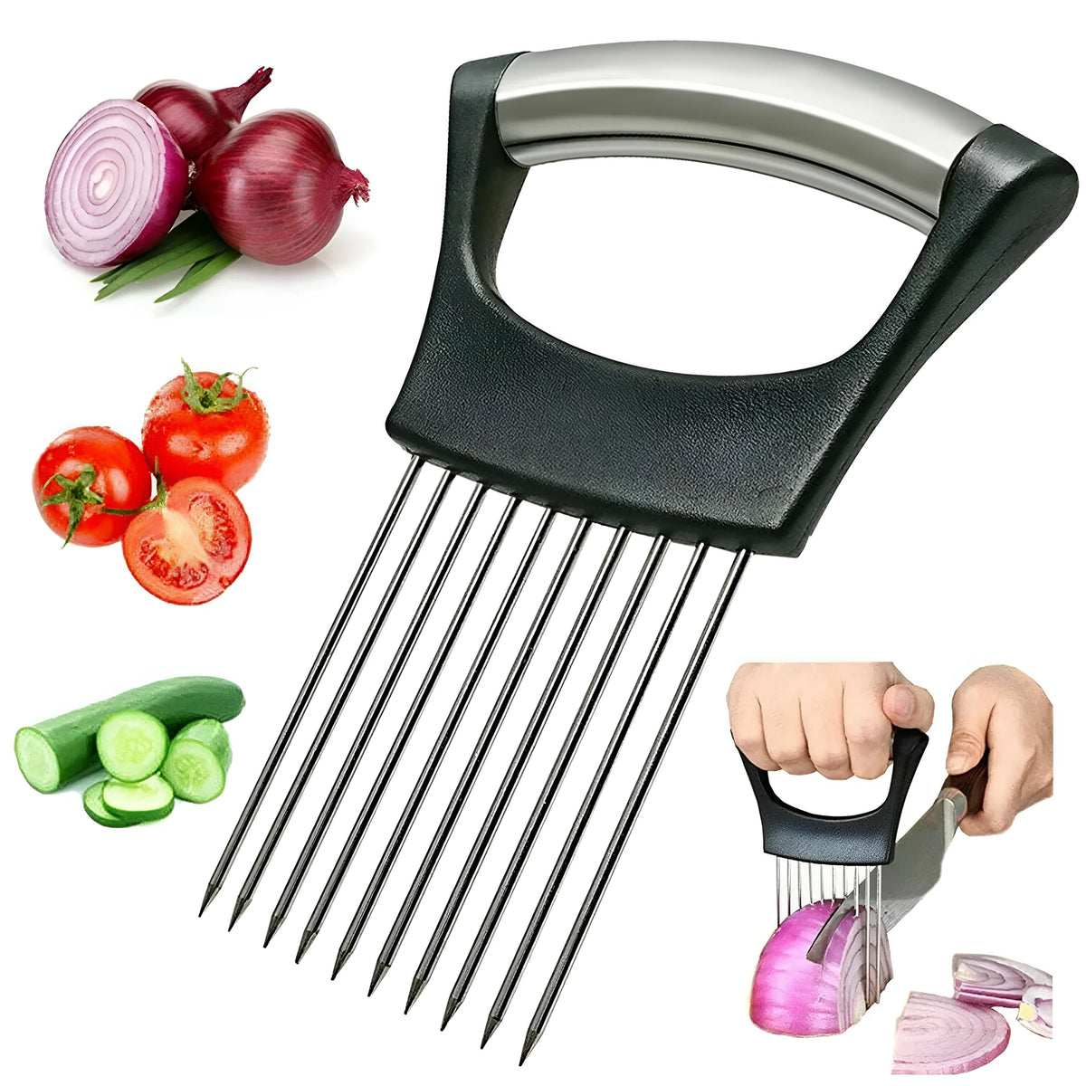 Stainless steel and ABS food slicer holder for onions and tomatoes, showing comfortable handle.