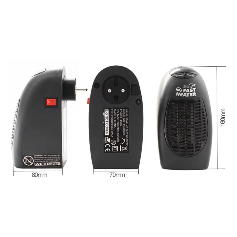 Black compact ceramic electric heater with digital display and a rotating three-prong plug.