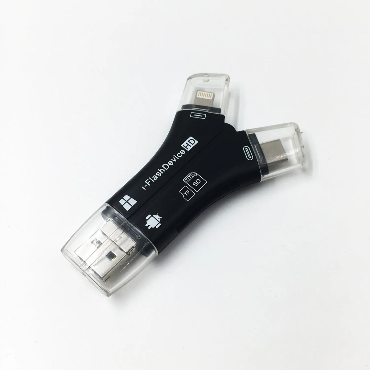 White 4-in-1 mobile phone card reader with USB, Lightning, Type-C, and MicroUSB ports