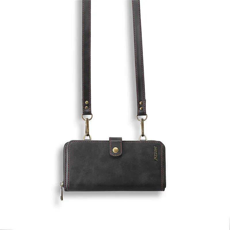 Leather flip phone case with detachable wallet backpack in black, blue, brown, or red colour