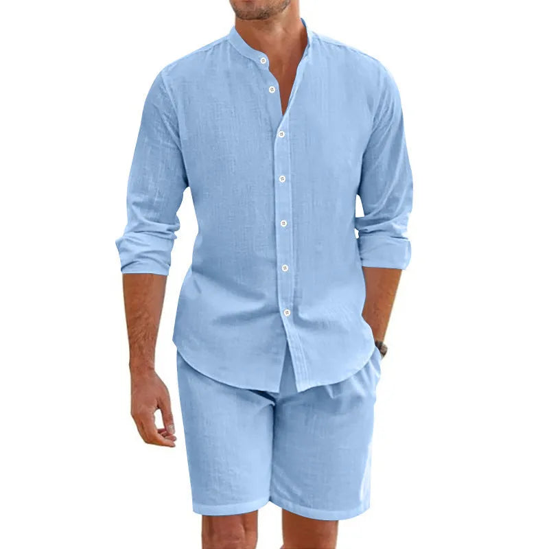 Men's dark grey linen-blend short sleeve shirt and drawstring shorts summer suit set