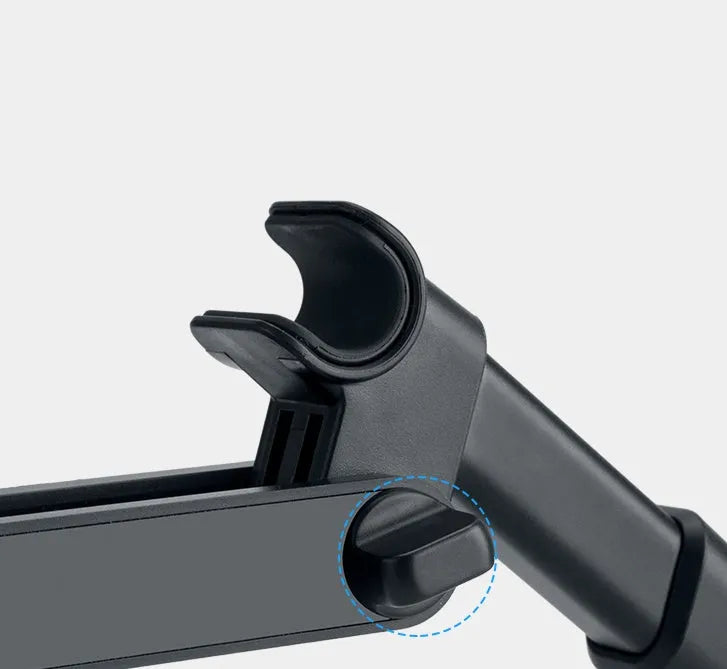Black universal car phone holder mounted on car rear seat base with tablet in cradle