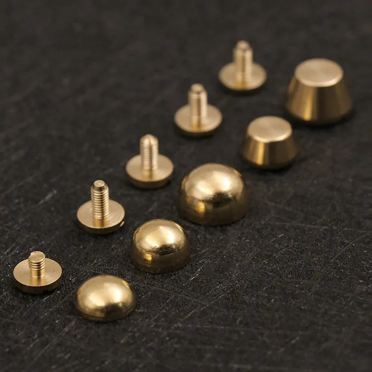 Brass decorative buckles showing 10mm and 12mm sizes with geometric and round foot nail designs