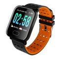 A6 smart bracelet in black, blue, or orange with a colour screen and silicone strap.