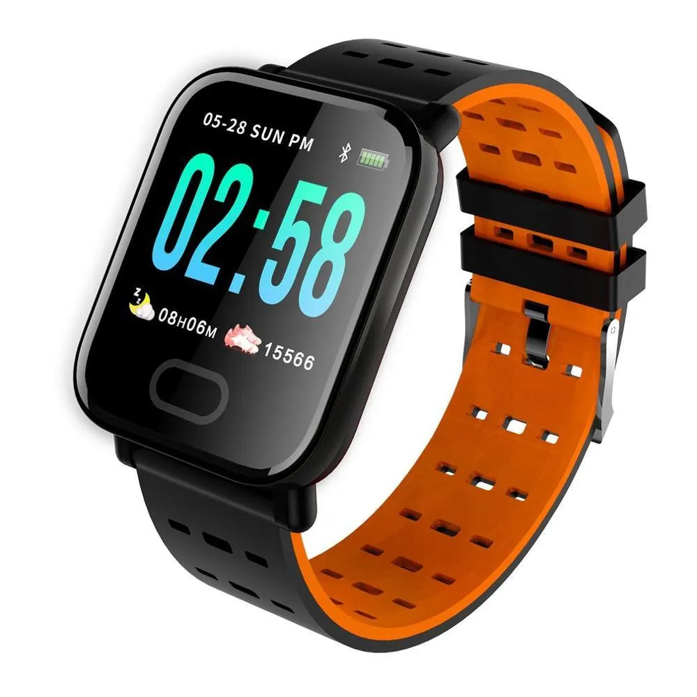 A6 smart bracelet in black, blue, or orange with a colour screen and silicone strap.