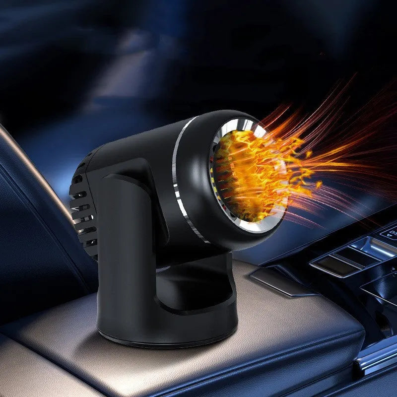 Black and white 12v portable car heater with hot cold settings for vehicle defrosting