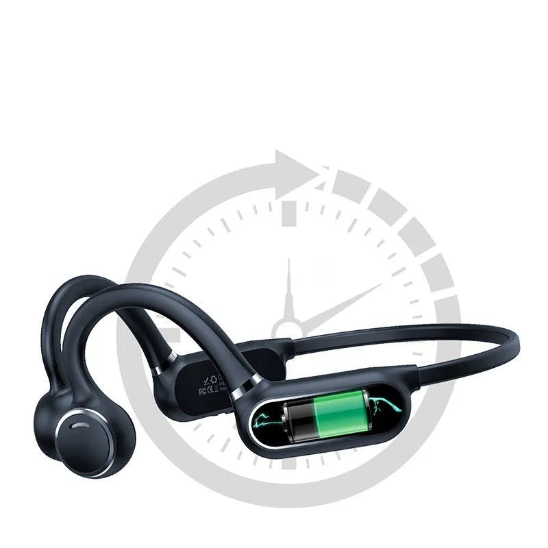 Black air conduction Bluetooth earphone with titanium alloy wire frame and ergonomic ear-hanging design