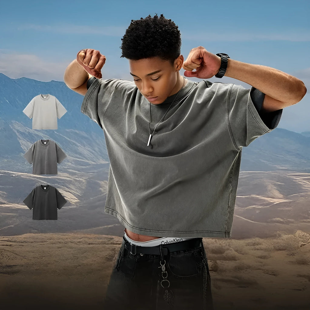 Men's washed-out vintage cotton T-shirt loose fit drop-shoulder sleeves khaki light colour