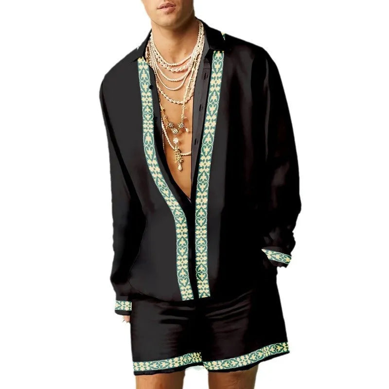 Man wearing a loose-fit long-sleeved shirt and matching shorts from a casual summer two-piece set.