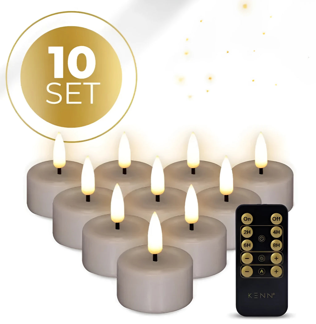 Four taupe-coloured S10 3D flame LED tealight candles showing realistic flickering light.