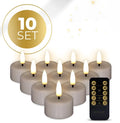 Four taupe-coloured S10 3D flame LED tealight candles showing realistic flickering light.