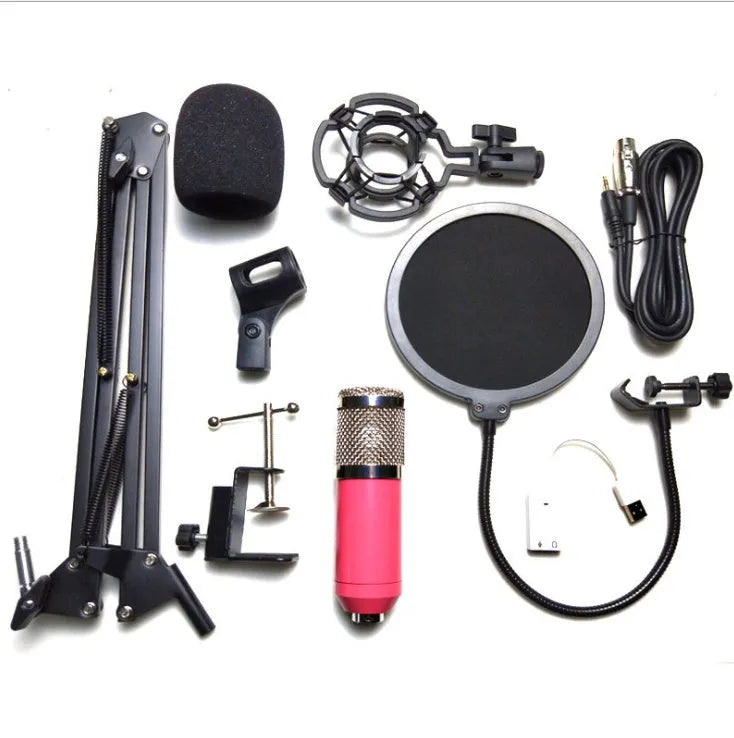 BM-800 condenser microphone stand set with electroplated mesh head in various colours.