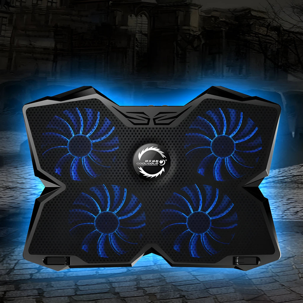 Blue laptop cooling base with four fans and USB ports on computer desk
