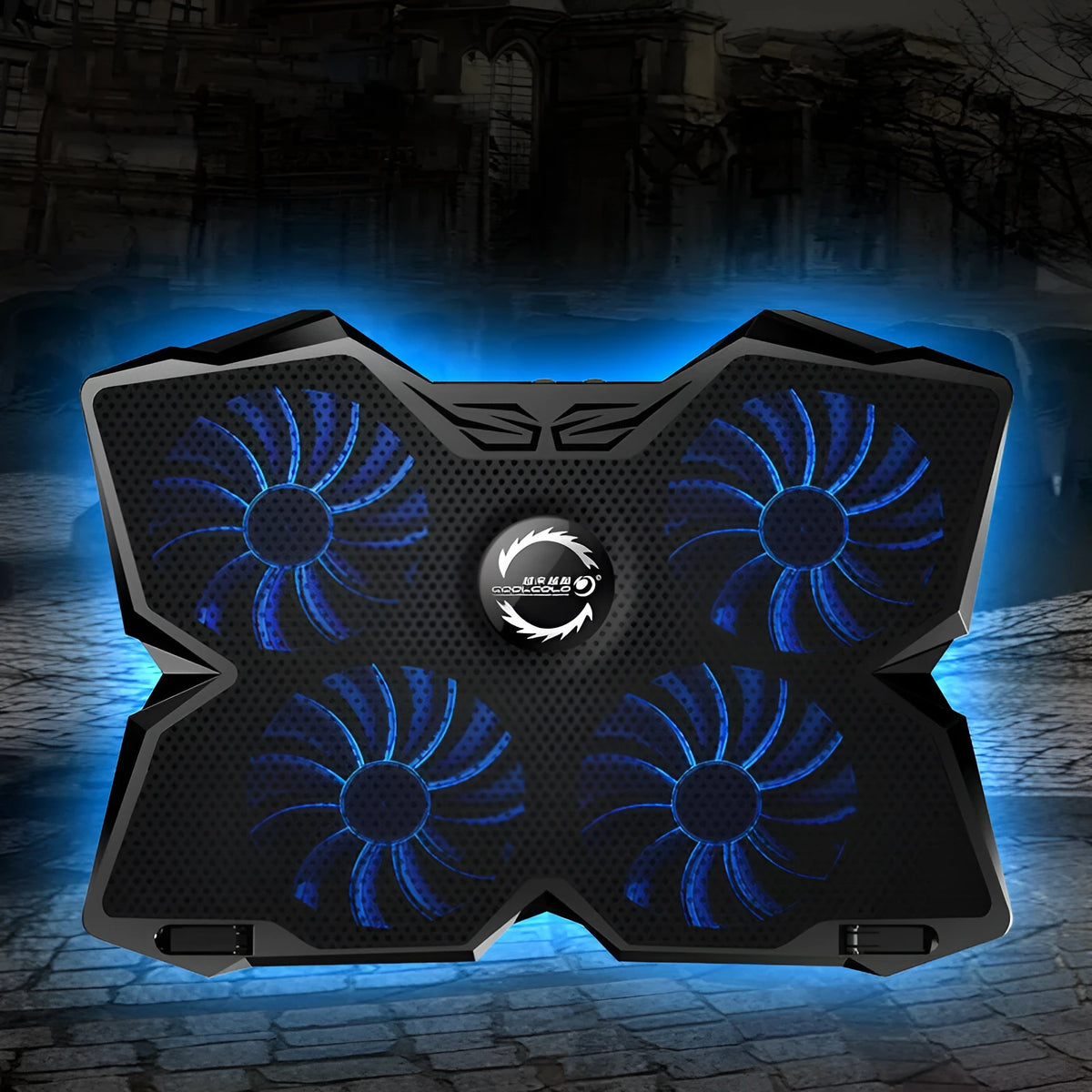Blue laptop cooling base with four fans and USB ports on computer desk