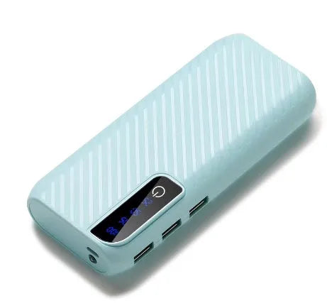 Compact 20000mAh mini power bank in multiple colours showing its size and USB ports.