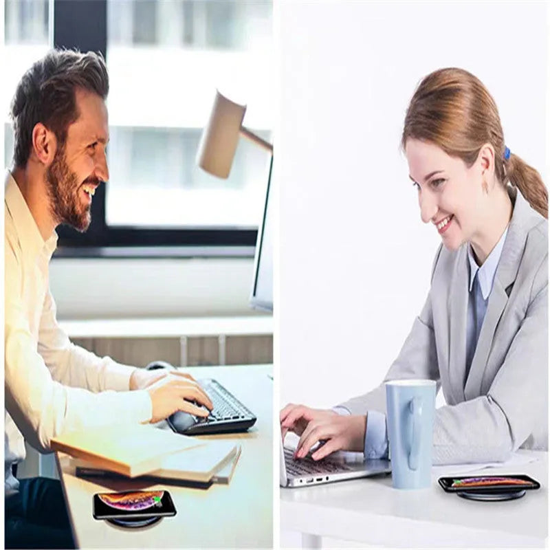 Black and white 15W aluminum alloy wireless charger with LED indicator and anti-slip surface for Qi devices
