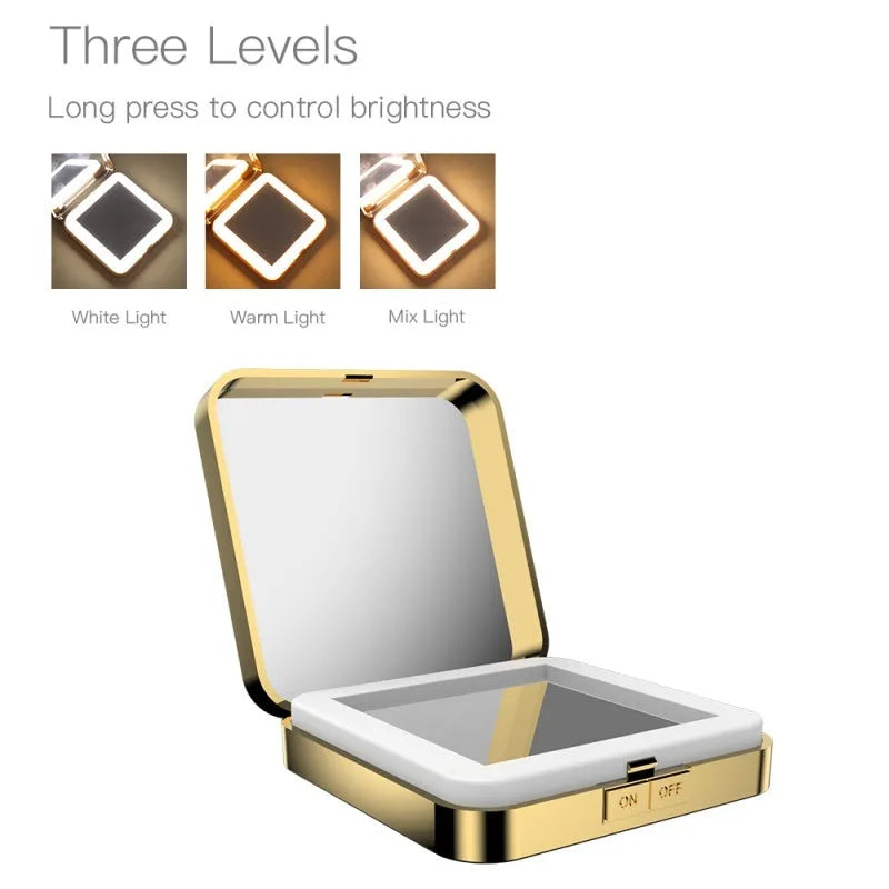 Black and white makeup mirror with 4x magnification and HD mirrors, featuring adjustable warm and cold lighting