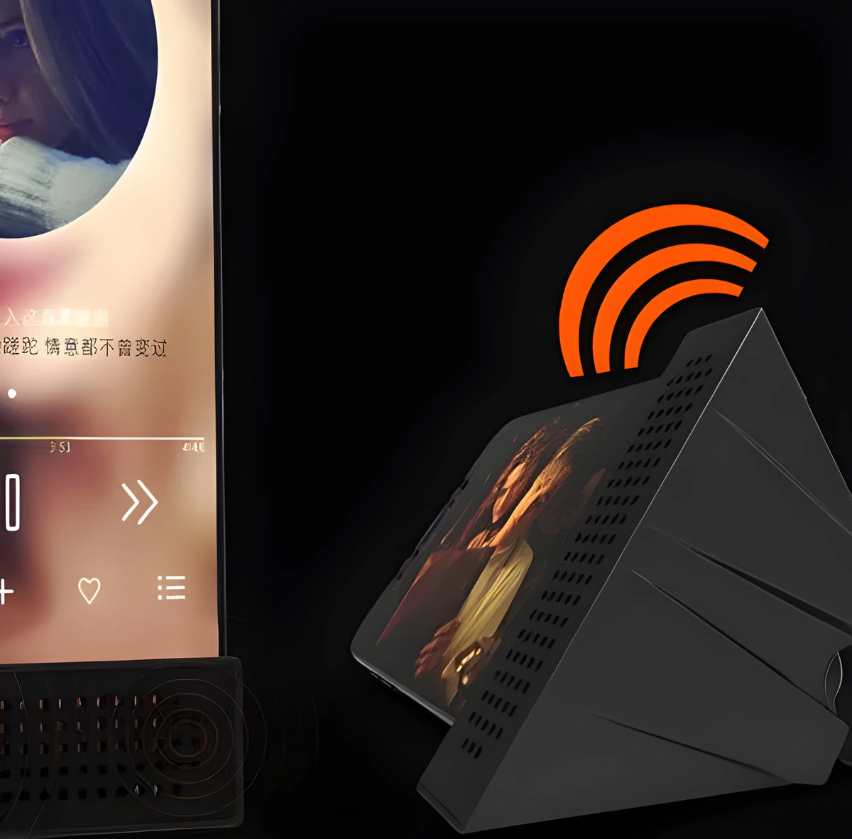 Mini black ABS mobile phone amplifier bracket holding an iPhone on a desktop.
