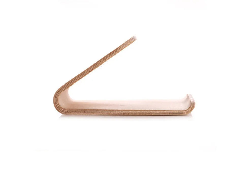 A wooden phone stand in a bracket design holding an iPhone, shown in walnut and white maple finishes.