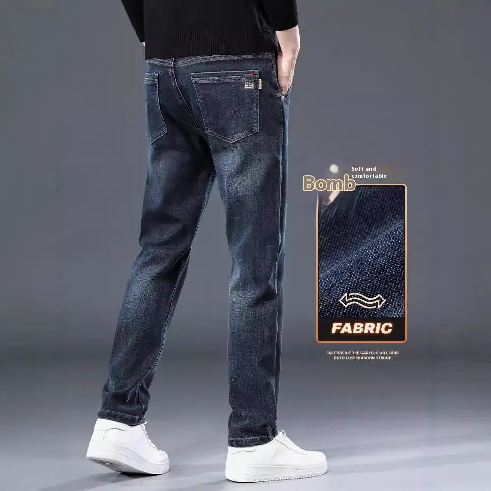 Men's slim straight casual trousers in blue grey, showing loose fit and street fashion style.