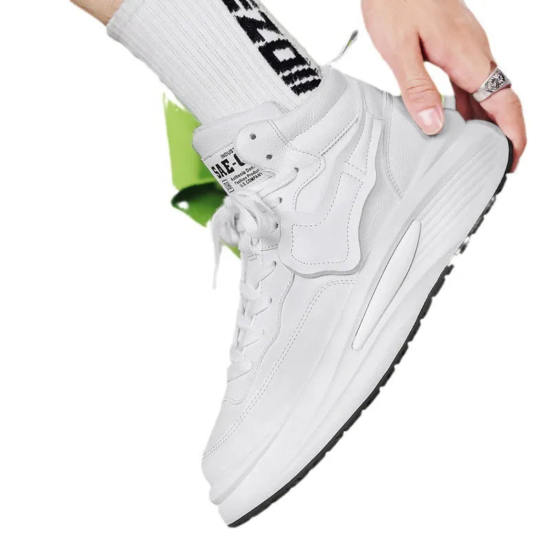 Men's black platform high-top casual shoe with round toe and artificial PU upper