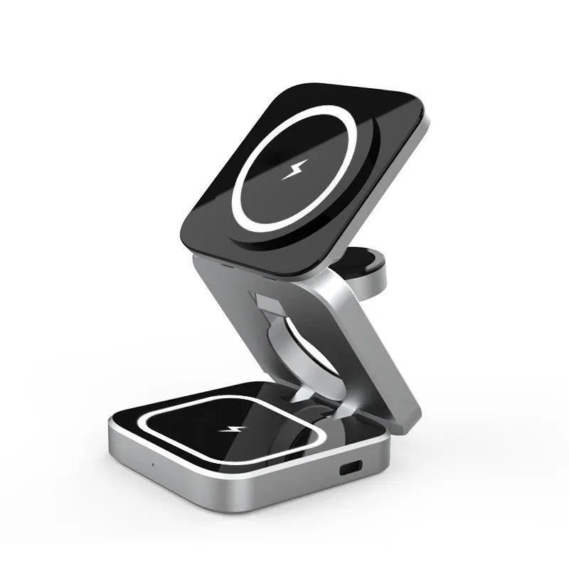 Foldable three-in-one desktop wireless charging bracket shown open and closed