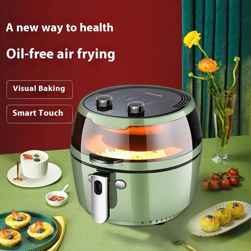 8-litre air fryer oven appliance with visible cooking window and mechanical button controls
