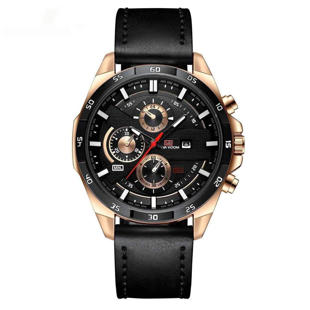 Men's casual quartz watch with calendar display on wrist, showing black belt and rose gold case colour option.