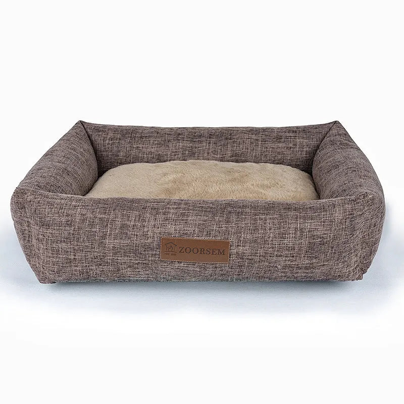 Square grey linen dog bed for small to extra large dogs, shown on a wooden floor.