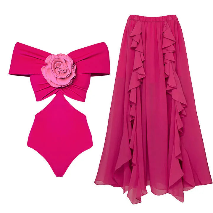 One-piece swimsuit with hollow-out design paired with matching umbrella skirt in polyester fabric