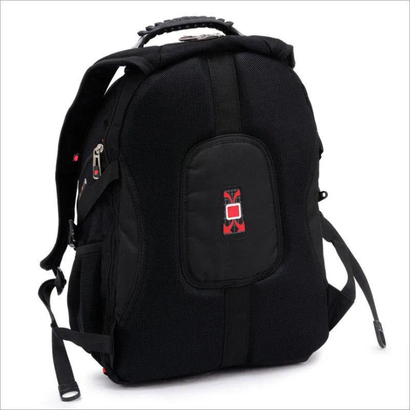 Black business laptop backpack showing three compartments open with laptop in padded section