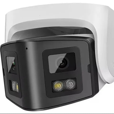 Outdoor security camera with dual lenses, measuring 124x72x201mm with IP66 waterproof rating