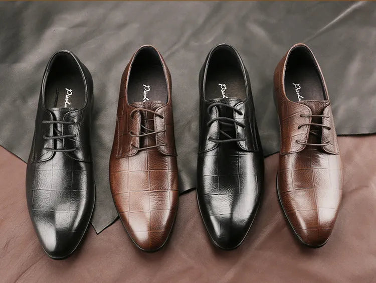 Men's black handmade cow leather derby shoes with pointed toe and checkered sewing pattern on a rubber sole.