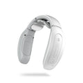 Red and white intelligent handheld cervical massager with control panel on a grey background.